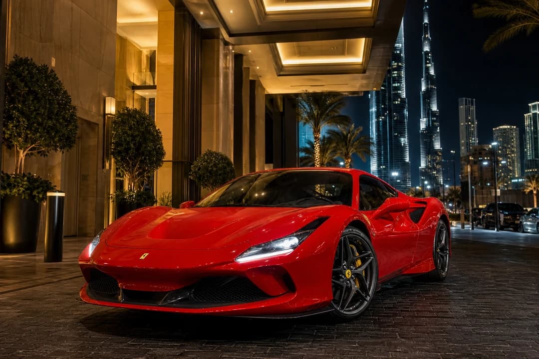 Ferrari F8 Tributo coupe at a Downtown Dubai hotel porte-cochère at night for supercar rental Dubai arrivals