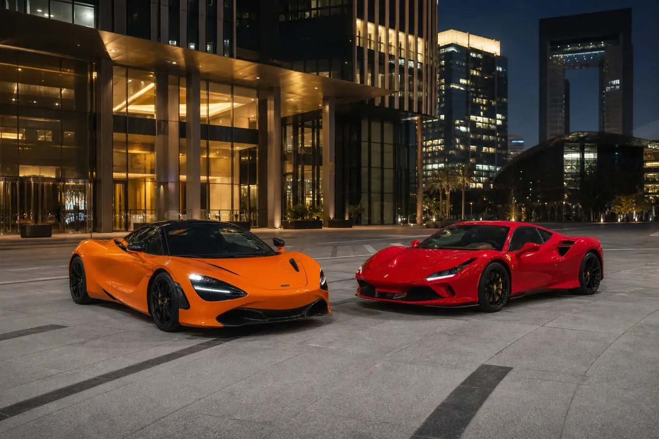 McLaren 720S vs Ferrari F8 Dubai hero with a papaya 720S Coupe and Ferrari F8 Tributo at DIFC after dark