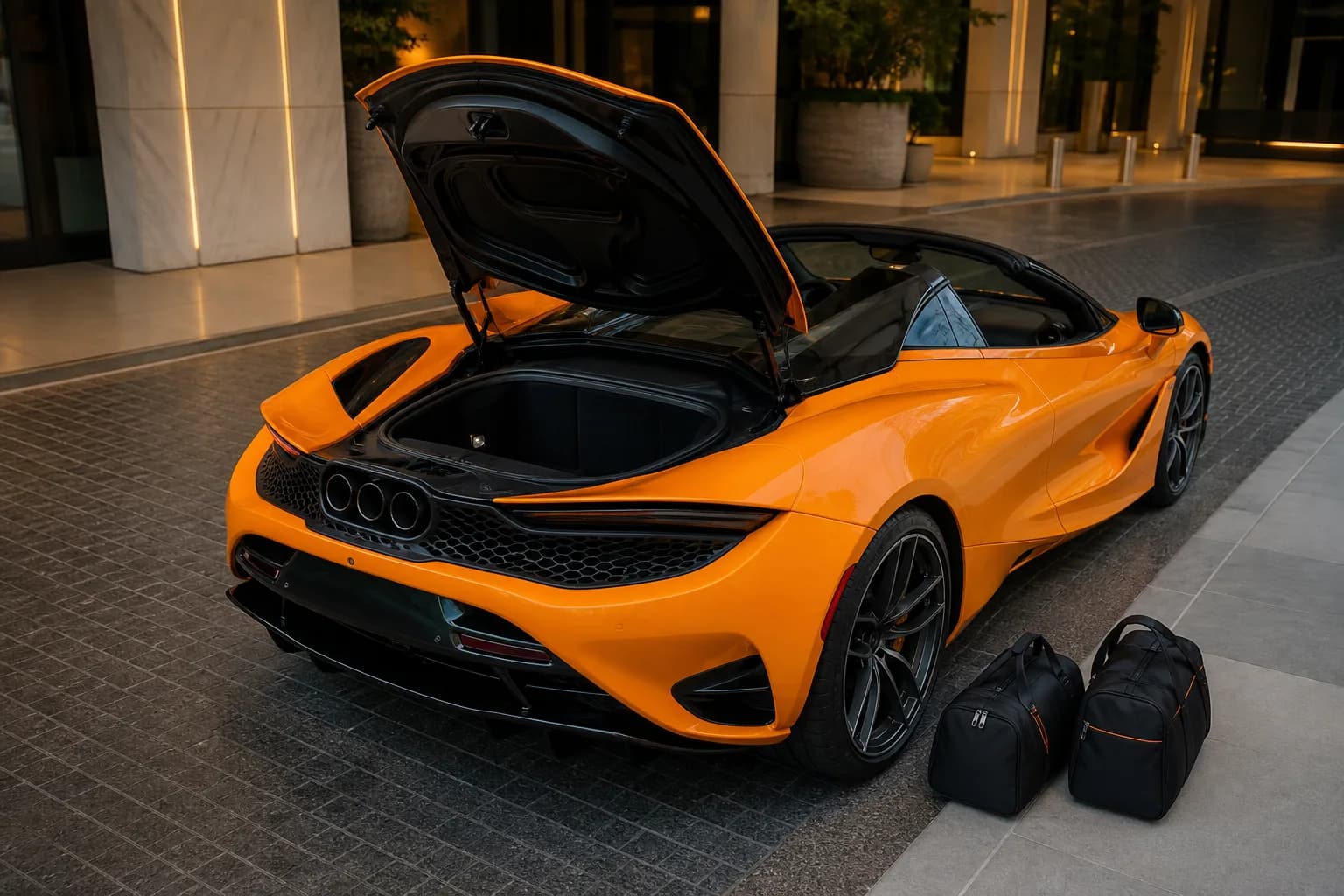 McLaren 750S Spider with two duffels at a Dubai hotel kerb for luxury car hire Dubai packing