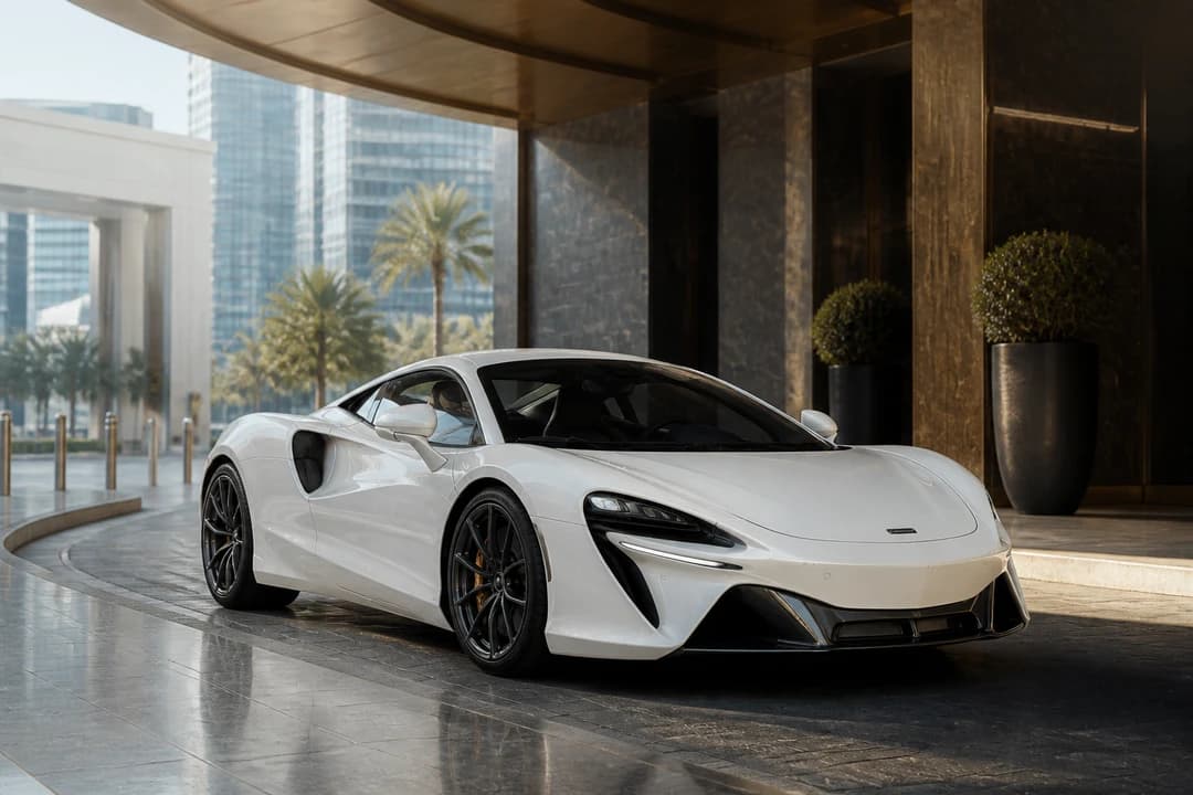 Rent McLaren Artura Dubai: white Artura Coupe clearing a DIFC hotel ramp with dihedral doors closed