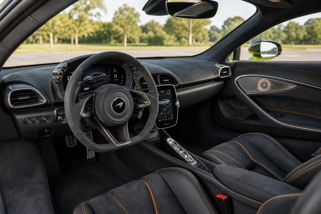 McLaren Artura hire Dubai cockpit with folding driver display for hybrid supercar city driving