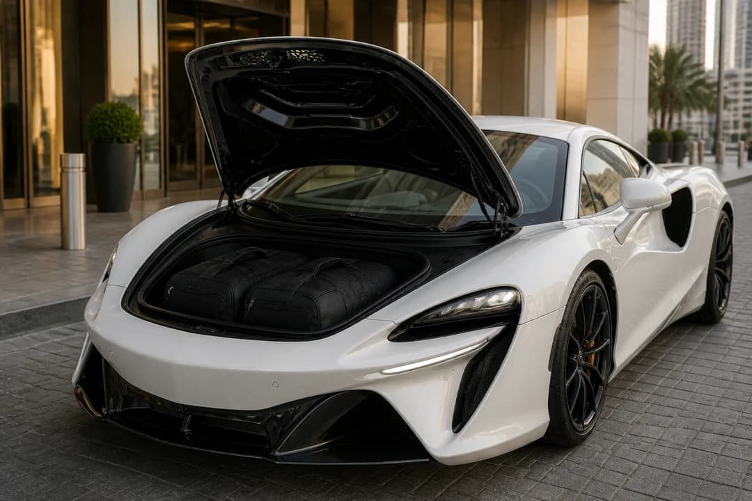 McLaren Artura open frunk with soft cabin bags staged at a Downtown hotel for luxury car rental Dubai packing