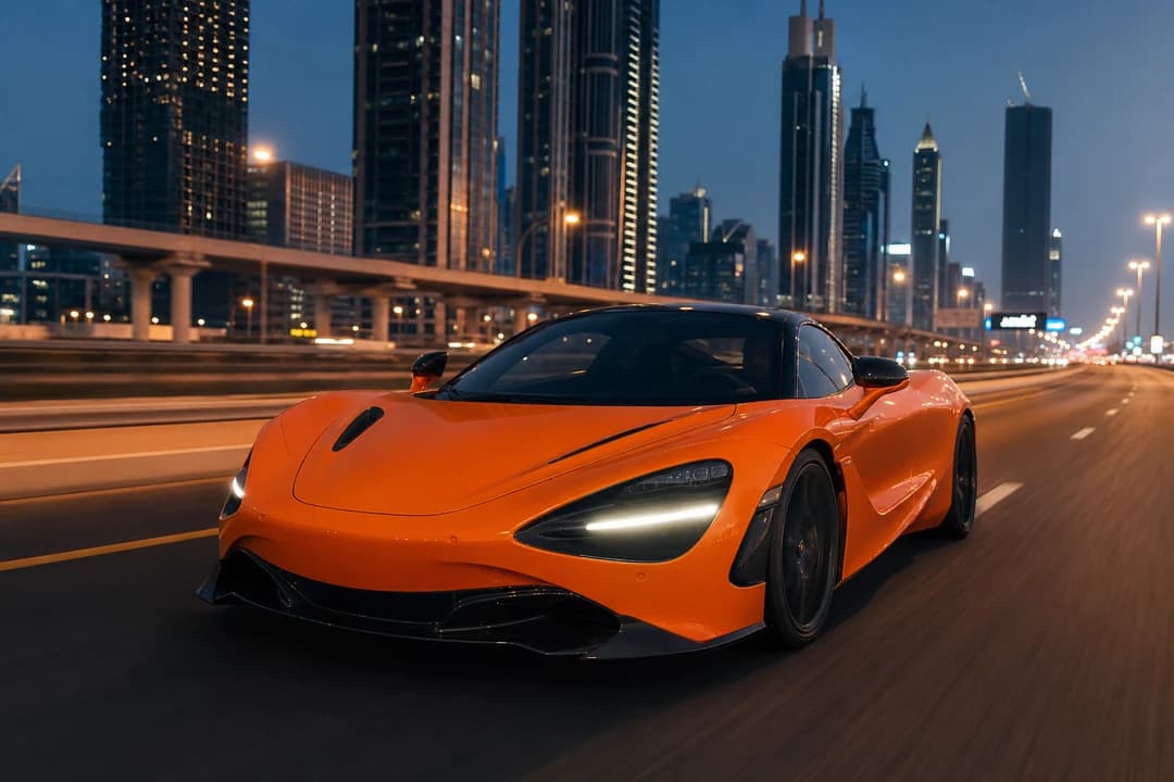 McLaren coupe on Sheikh Zayed Road for supercar rental Dubai handling-focused evenings