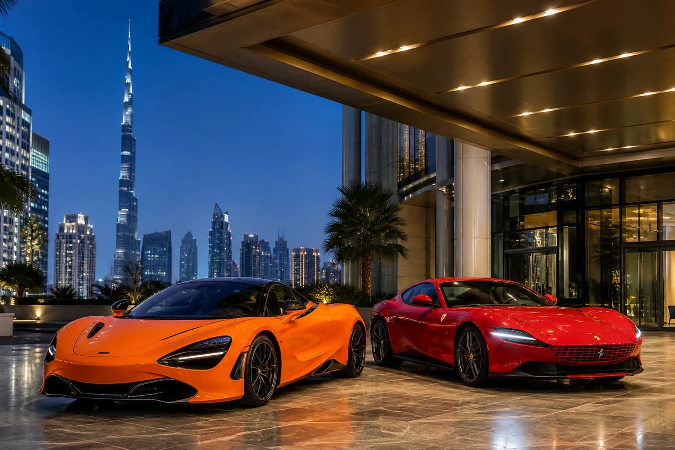 McLaren vs Ferrari rental Dubai hero with orange McLaren and red Ferrari side by side at a Dubai hotel forecourt