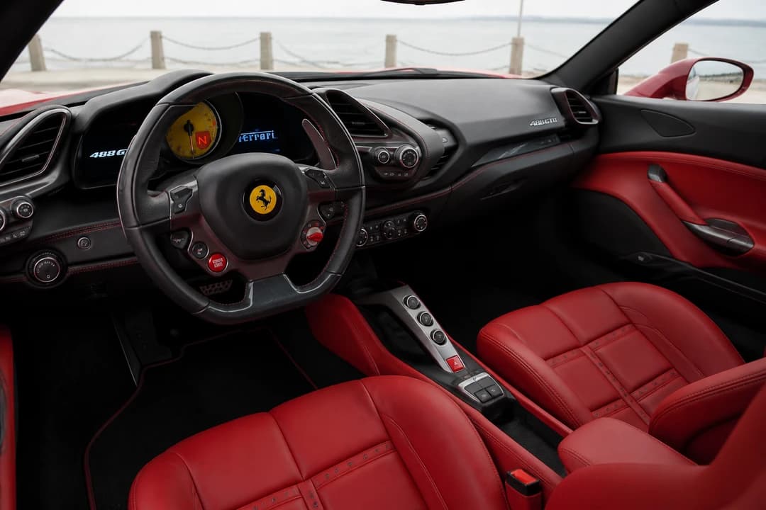 Ferrari cabin leather and steering wheel for best luxury car Dubai comfort on hotel weeks