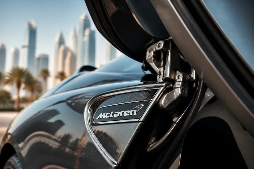 McLaren dihedral door and badge detail for McLaren vs Ferrari rental Dubai identity