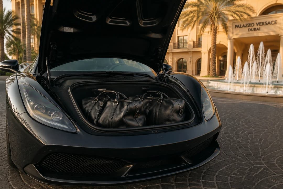 Soft travel bags beside a low supercar frunk for luxury car hire Dubai two-seat packing honesty