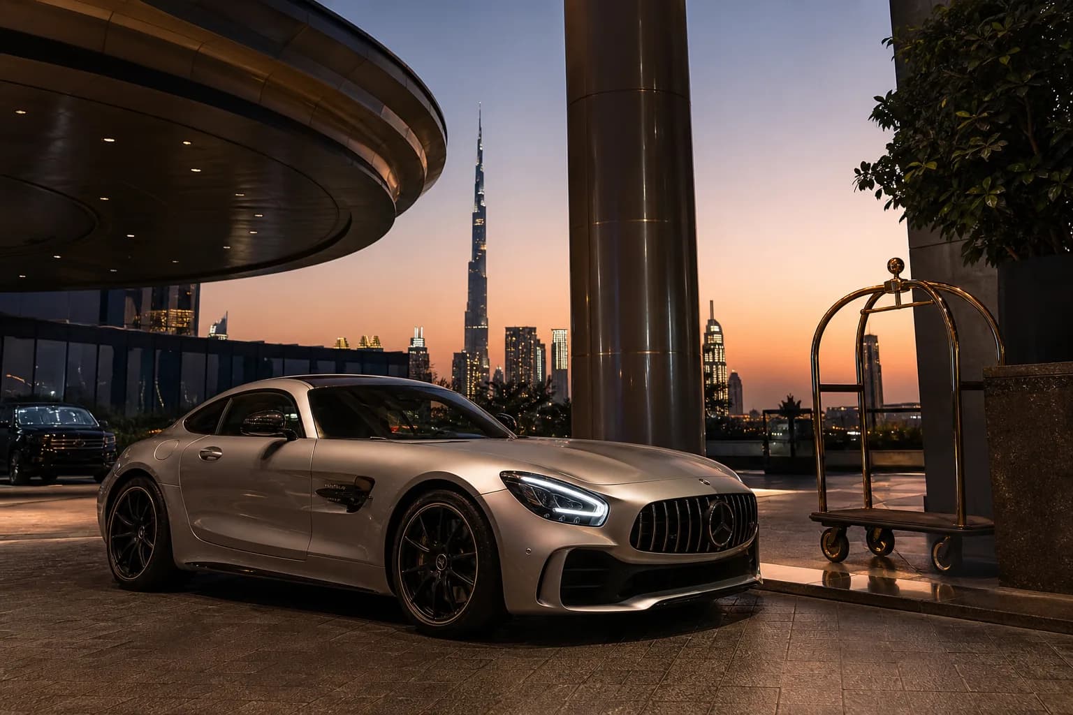 Mercedes-AMG GT coupe at a Downtown Dubai hotel valet for luxury car rental Dubai city-drive evenings
