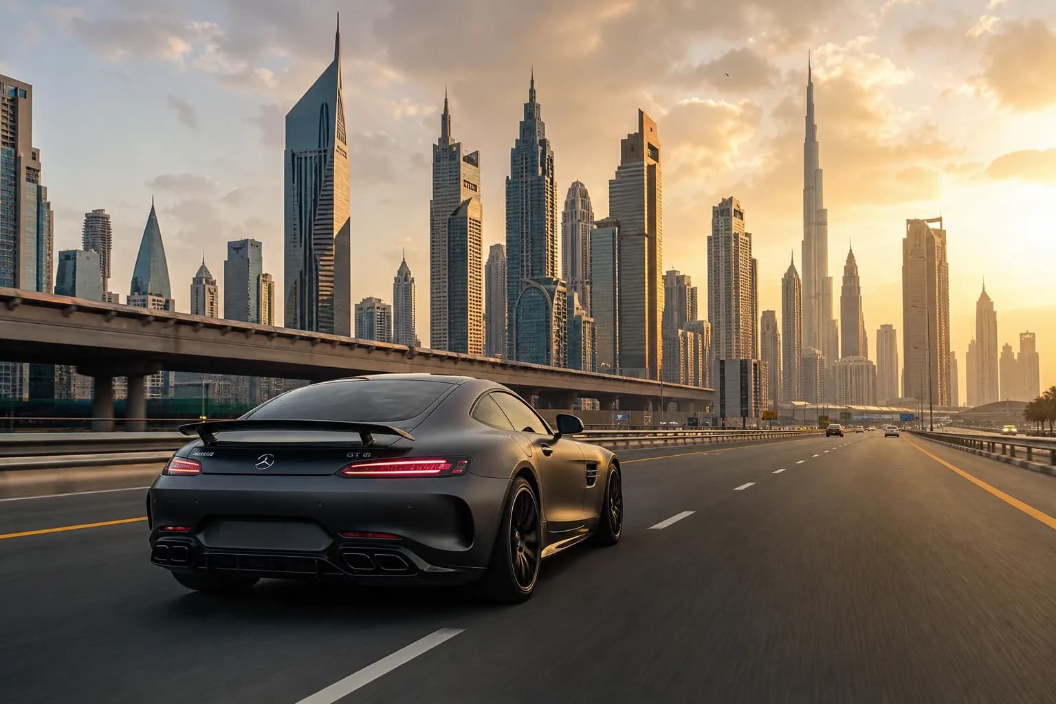 Rent Mercedes AMG GT Dubai on Sheikh Zayed Road toward Downtown for sports-car city evenings