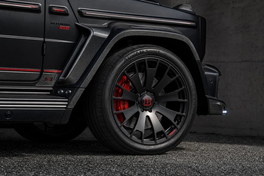 Mercedes-Benz G63 Brabus widebody wheel and red B logo detail for tuned G-Class character
