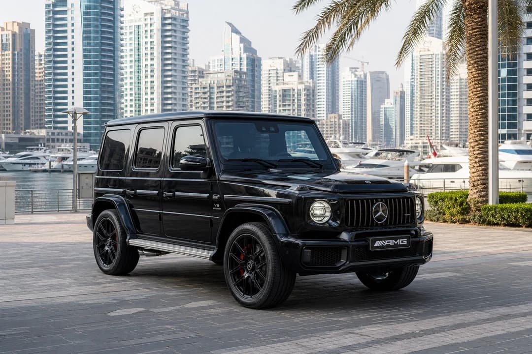 Mercedes-Benz G63 Facelift exterior on Dubai Marina Walk for rent Mercedes-Benz G63 Facelift Dubai plans
