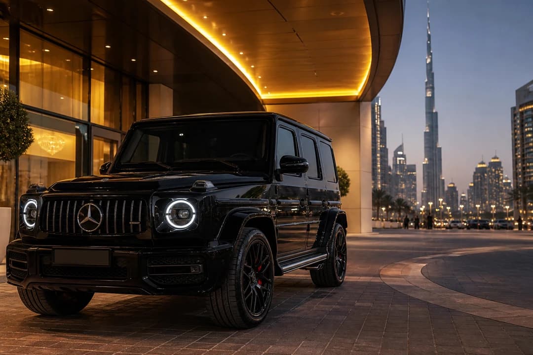 Mercedes-AMG G63 at a Downtown Dubai hotel porte-cochère for luxury car comparison Dubai city presence