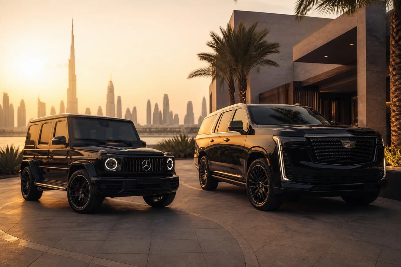 Mercedes G63 vs Cadillac Escalade Dubai: boxy G-Class and full-size Escalade at a Dubai villa driveway