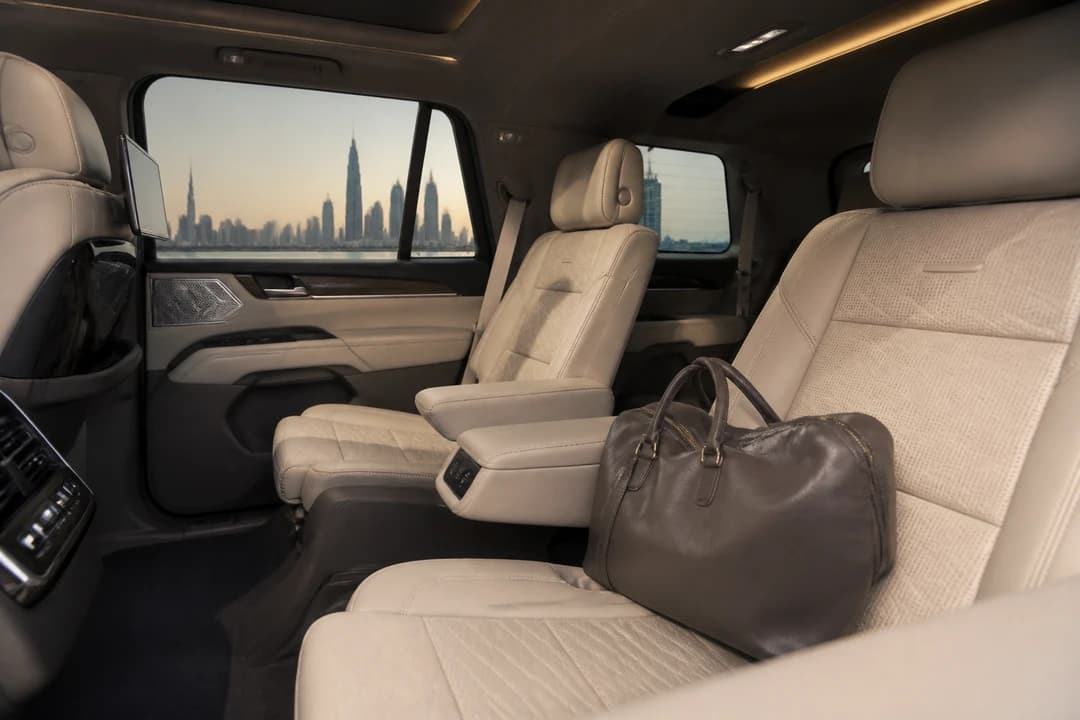 Cadillac Escalade rear cabin for best luxury car Dubai full-size comfort on a family hotel week
