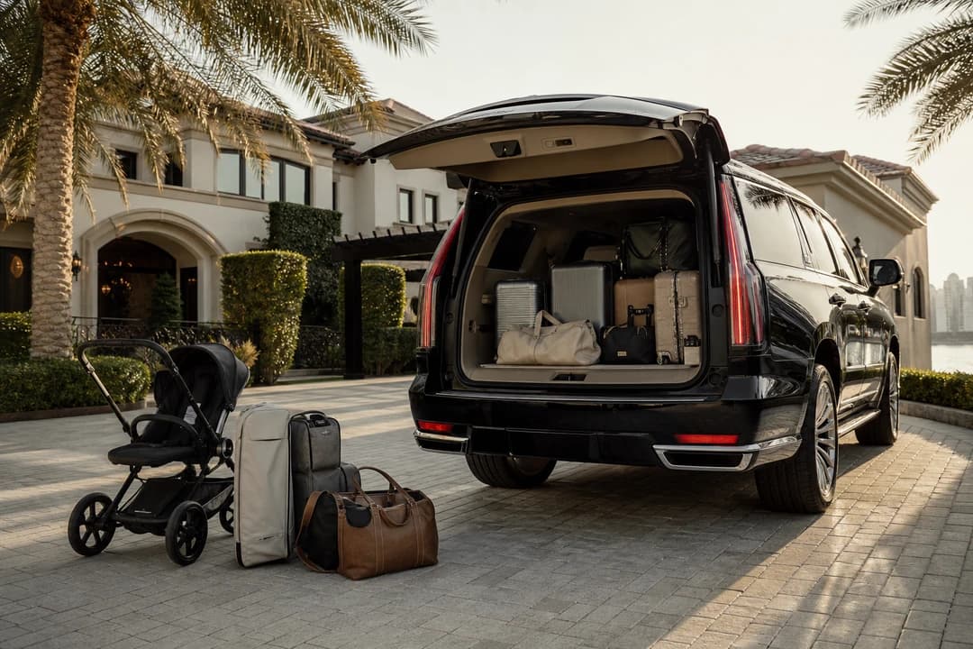 Escalade open tailgate with soft family luggage for luxury car hire Dubai packing honesty