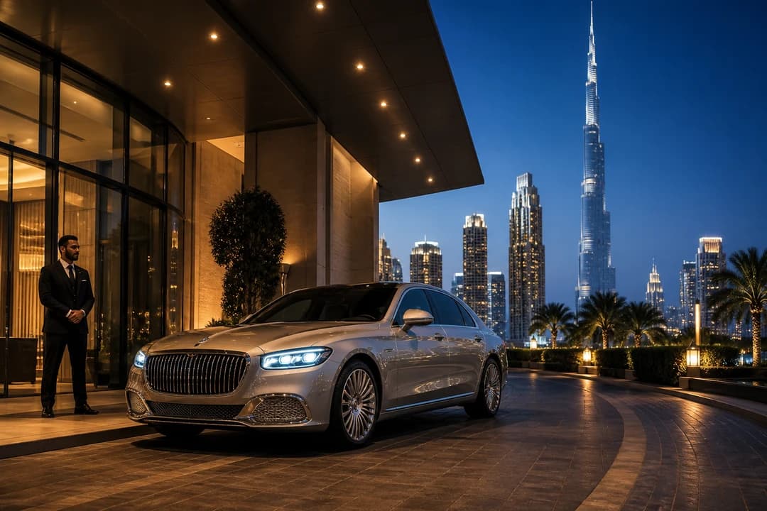 Mercedes-Maybach S-Class at a Downtown Dubai hotel at blue hour for exotic car rental Dubai VIP arrivals