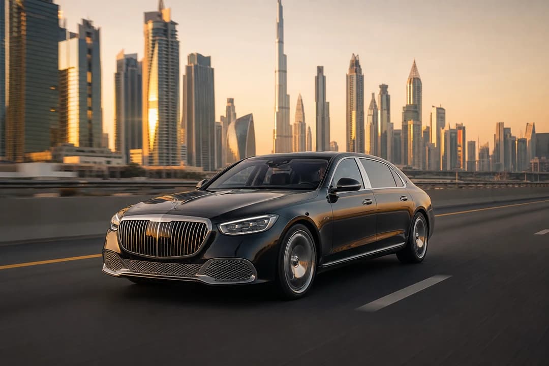 Mercedes-Maybach S-Class exterior on Sheikh Zayed Road for rent Mercedes Maybach S Class Dubai city plans