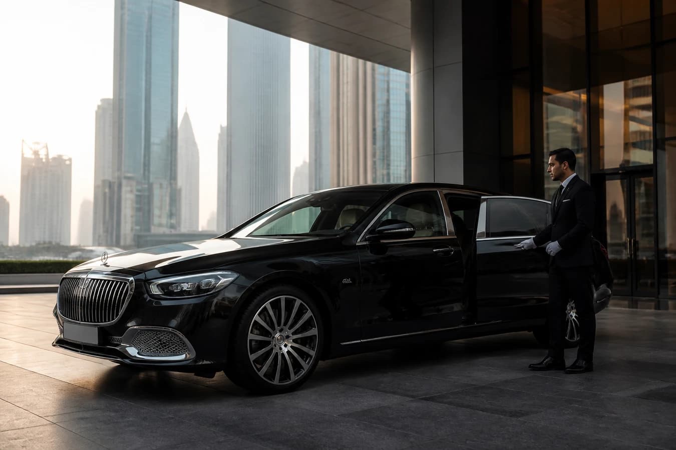 Mercedes Maybach S Class rental Dubai hero with Maybach sedan at a DIFC tower porte-cochere in morning light