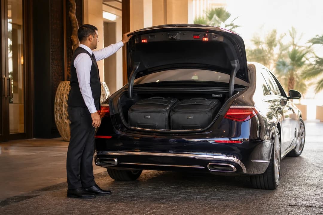 Maybach S-Class open boot with soft roller cases at a Dubai hotel valet for luxury car rental Dubai packing