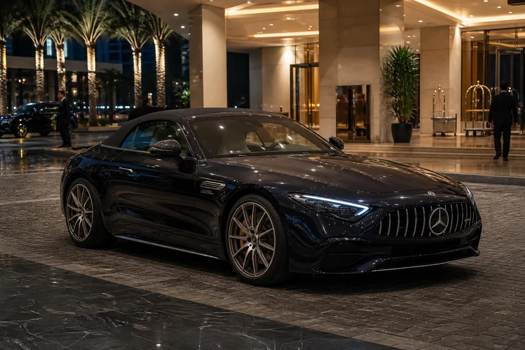 Rent Mercedes SL43 Dubai: dark SL roadster at a hotel porte-cochère with soft top closed
