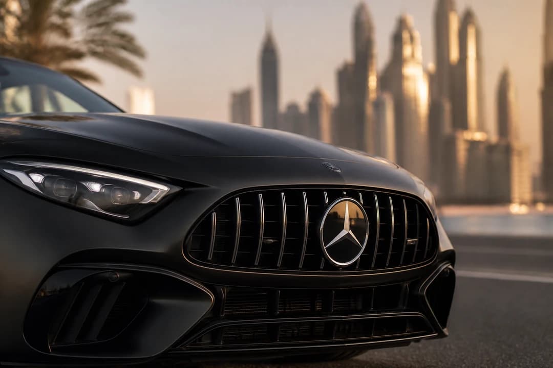 Mercedes-AMG SL grille detail for Mercedes SL43 rental Dubai roadster identity
