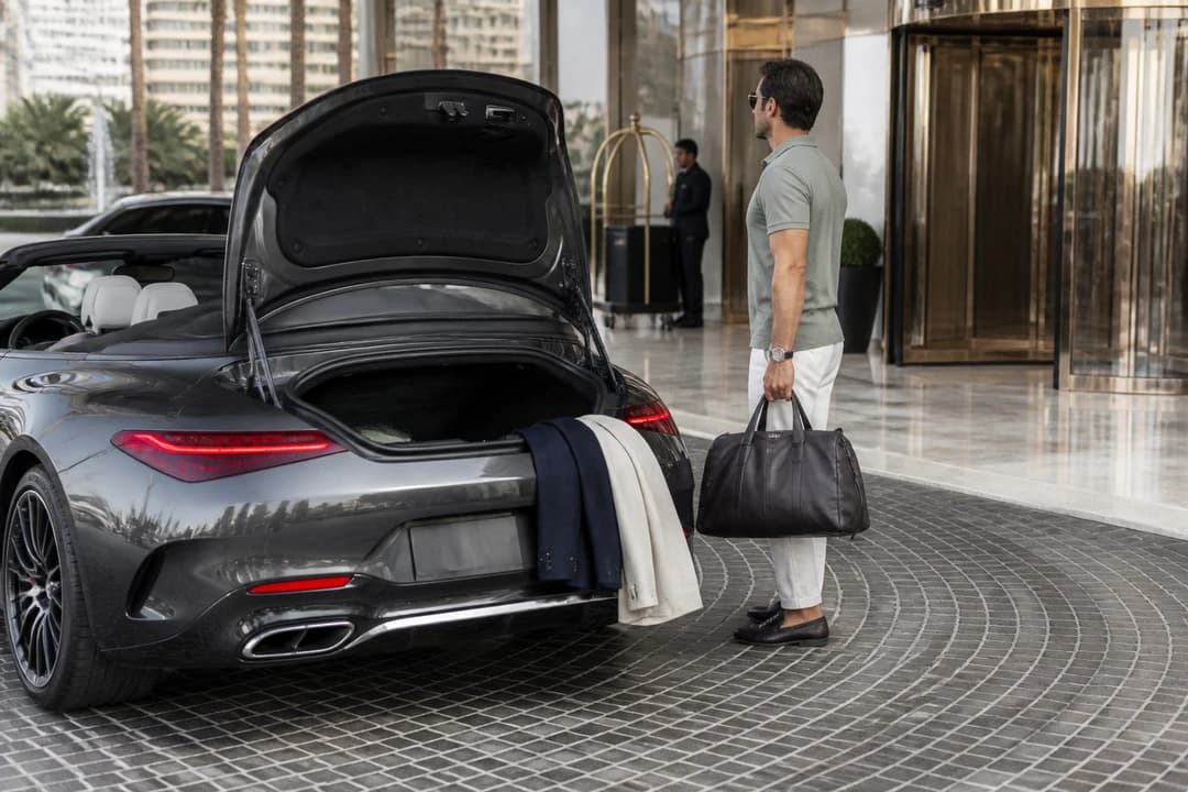Soft bags beside an open Mercedes SL boot for luxury car rental Dubai light-luggage roadster weeks