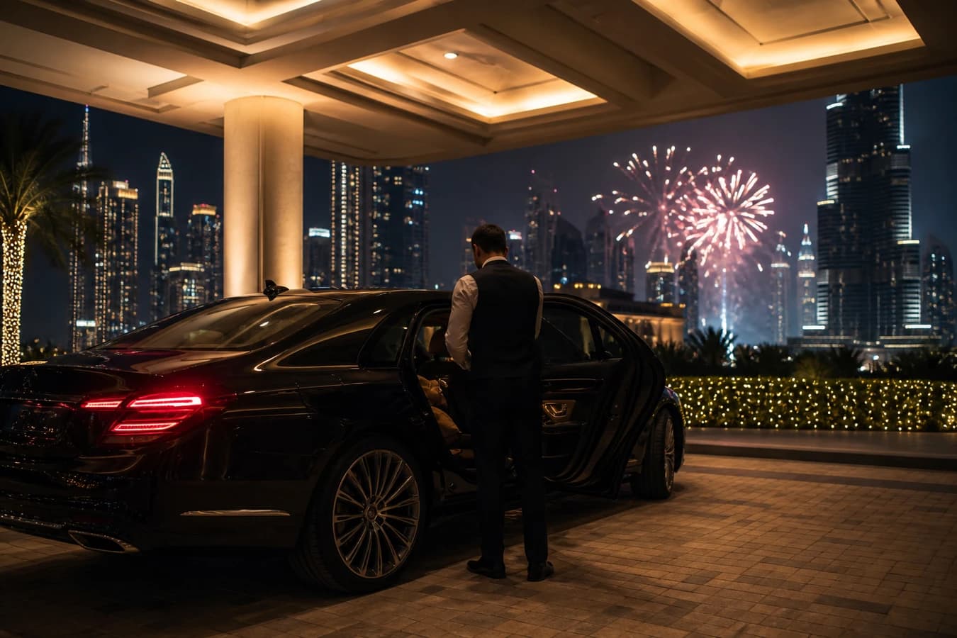 New Years Eve luxury car rental Dubai: dark luxury sedan at a Downtown hotel porte-cochère with festive skyline glow