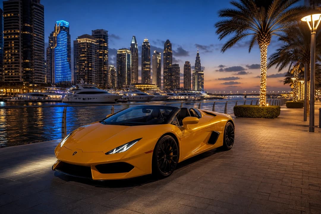 Supercar rental Dubai evening: open-top exotic on Dubai Marina Walk after an SUV daytime hire