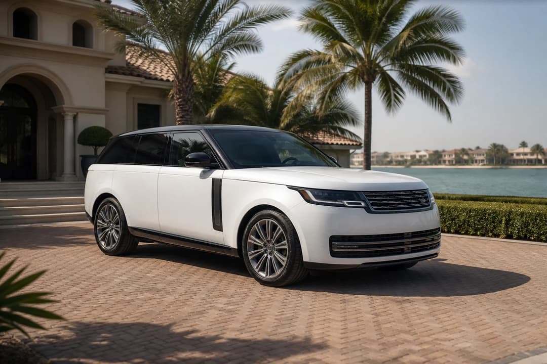Luxury car comparison Dubai: white Range Rover–class SUV on a Palm villa driveway for a single-hire week
