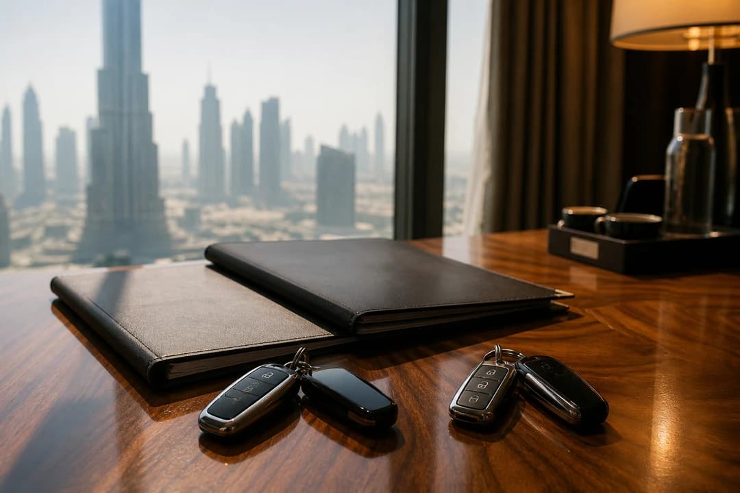 Two hire folders and keys on a Dubai hotel desk for a mid-week supercar rental Dubai swap