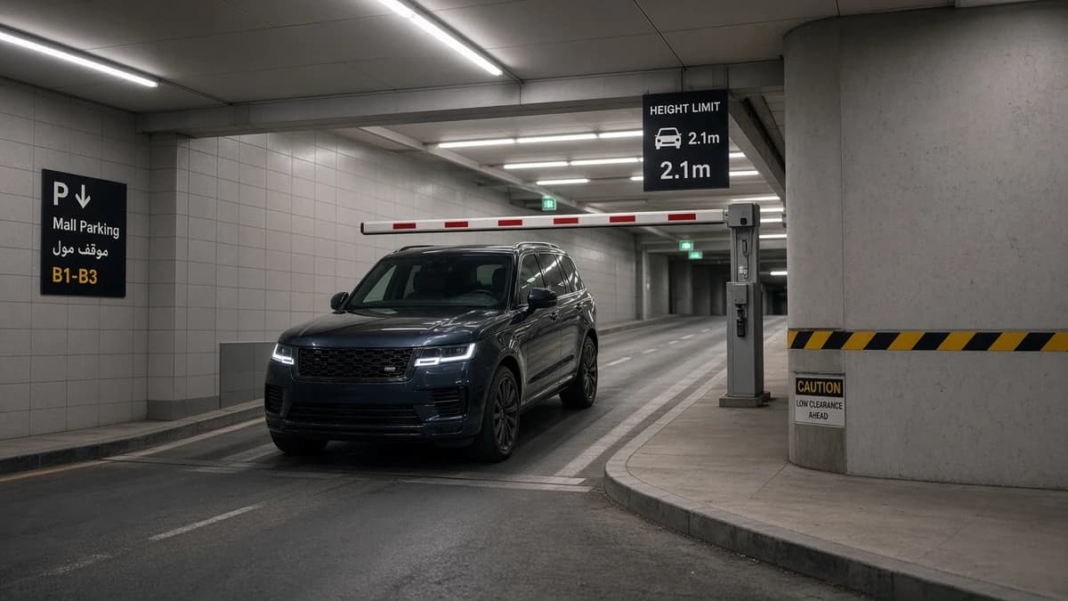 Luxury SUV approaching a Dubai mall parking height barrier for supercar rental Dubai clearance checks