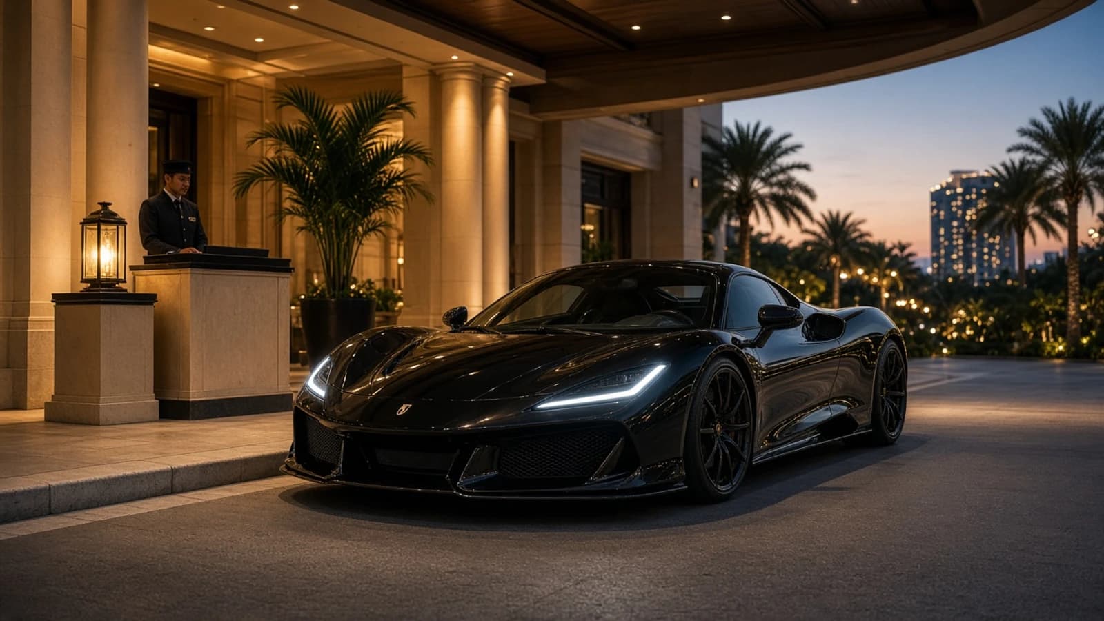 Parking luxury rental car Dubai: supercar at a five-star hotel valet podium under porte-cochère shade