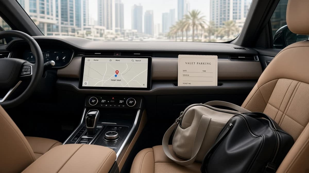 Dubai car rental guide cabin plan with hotel valet pin and soft bags before overnight parking