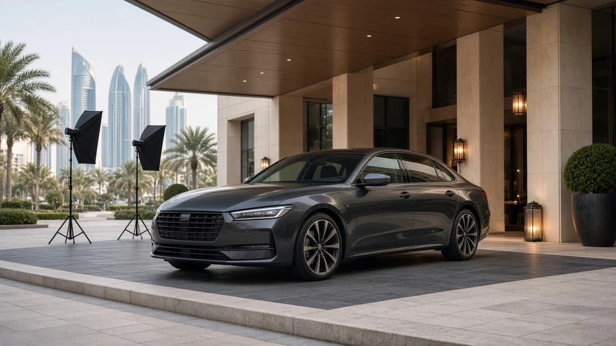 Closed luxury sedan at a Dubai hotel porte-cochère prepared for a morning brand photoshoot