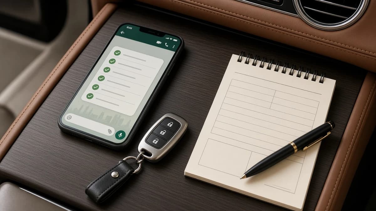 Dubai car rental guide checklist on phone beside keys for photoshoot car hire call sheet planning