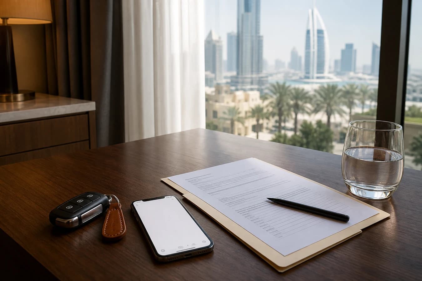 Police report rental car damage Dubai: hire agreement, keys and phone on a hotel desk before deciding next steps