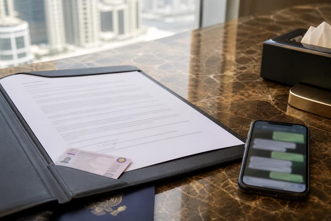 Dubai rental car documents with licence passport corner and WhatsApp ready to report damage to DreamRides