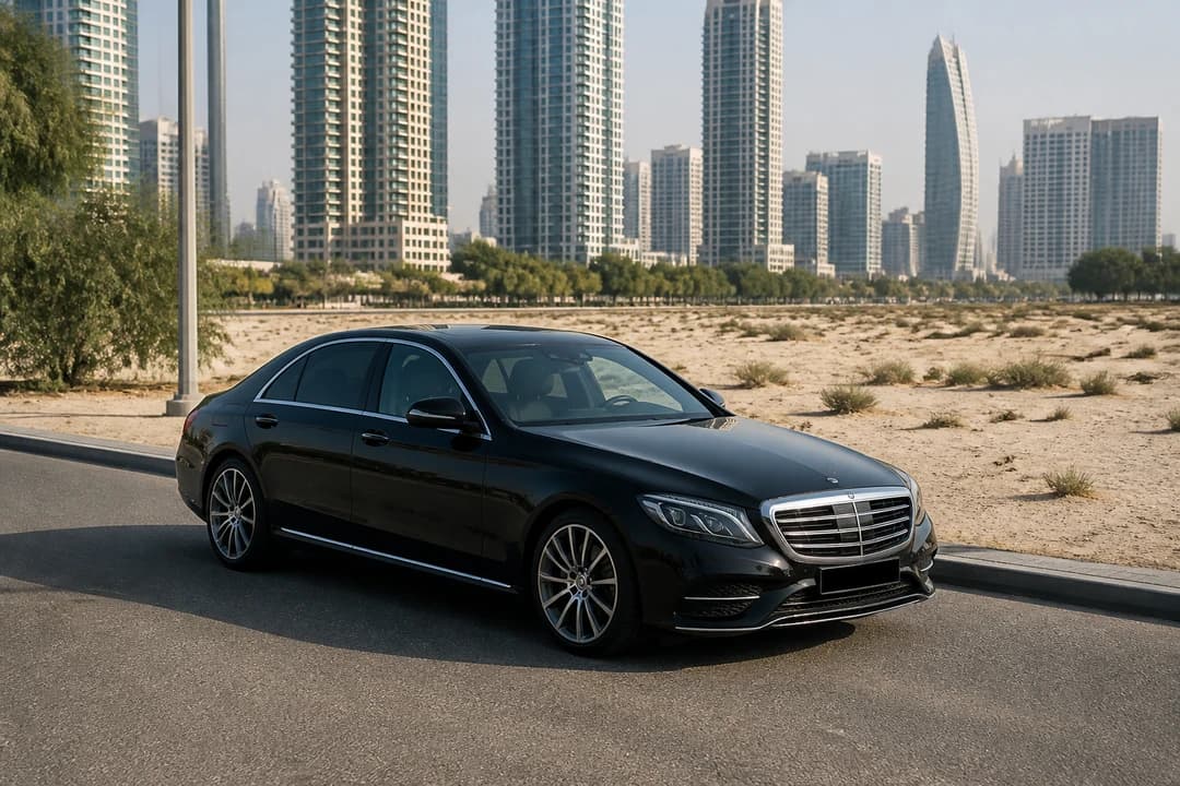 Dubai driving rules roadside check: dark luxury hire parked clear of traffic with a calm driver waiting by the door