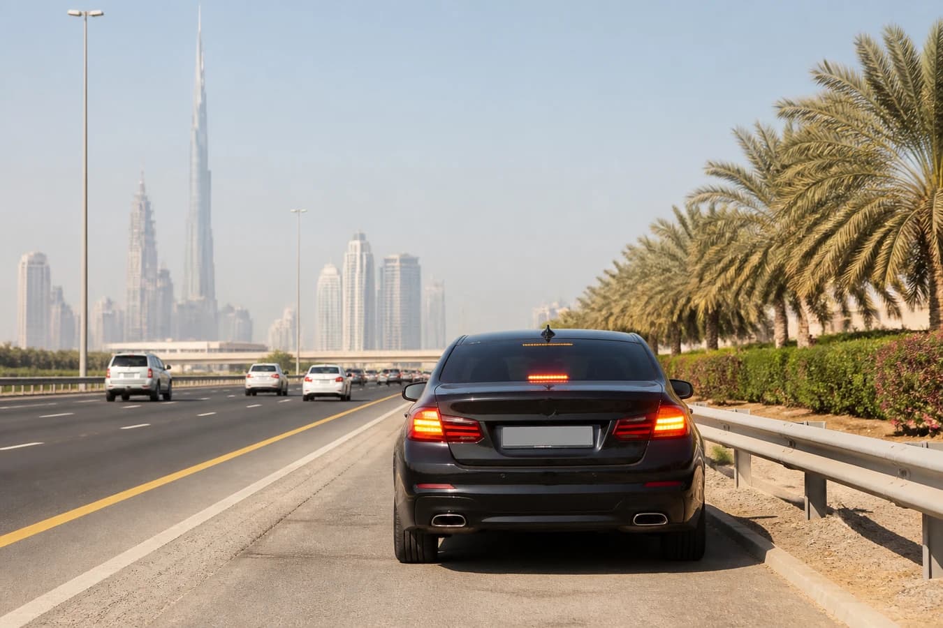 Police stop Dubai rental car: luxury sedan safely stopped in a legal roadside bay with hazards on in Dubai daylight