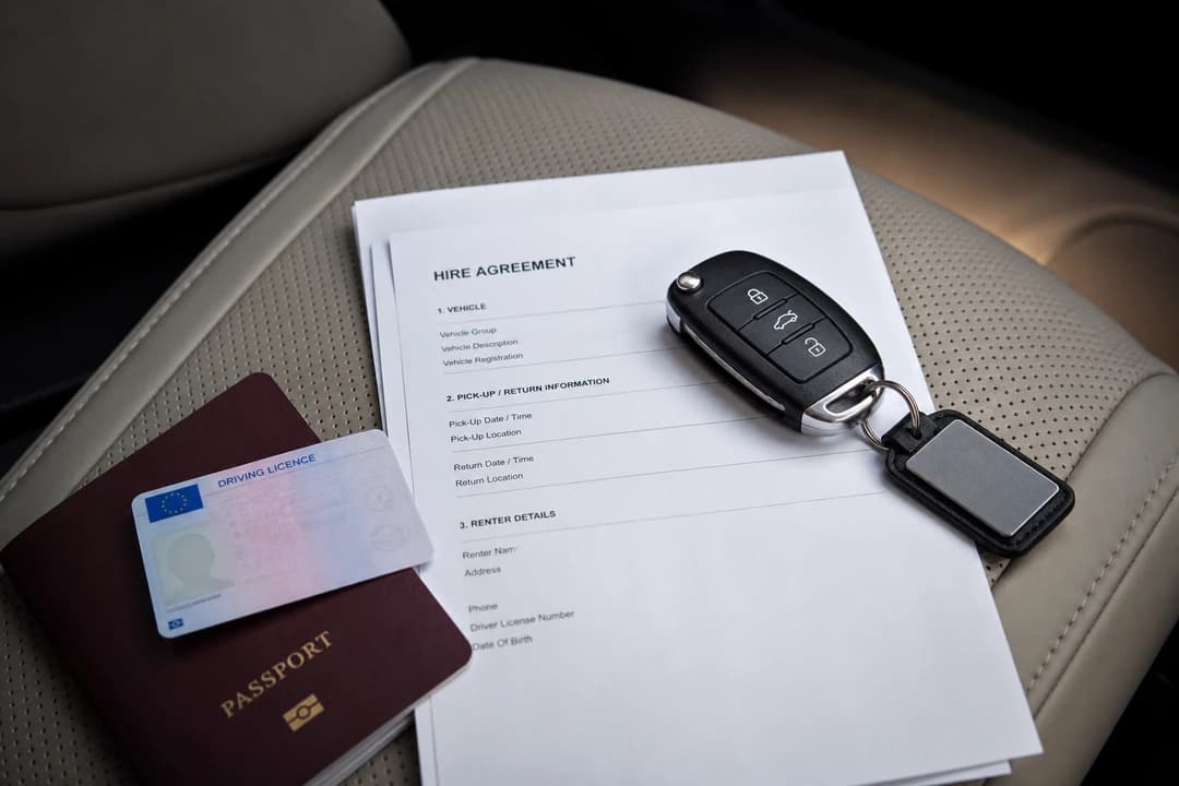 Rental car Dubai documents pack with licence, passport corner, and hire papers ready for a UAE road rules check