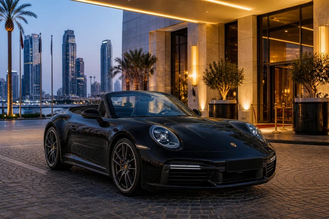 Porsche 911 Carrera Cabriolet at a Marina hotel porte-cochere at blue hour for exotic car rental Dubai arrivals