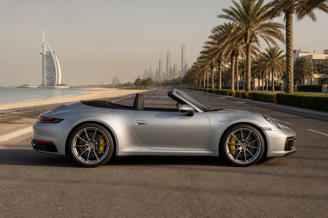 Porsche 911 Carrera Cabriolet exterior on Jumeirah Beach Road for rent Porsche 911 Carrera Cabriolet Dubai coastal loops