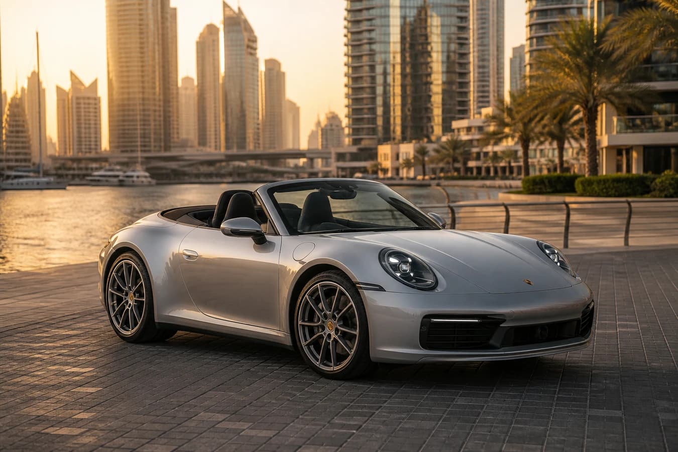 Porsche 911 Carrera Cabriolet rental Dubai guide hero with open-top 911 at Dubai Marina waterfront at golden hour