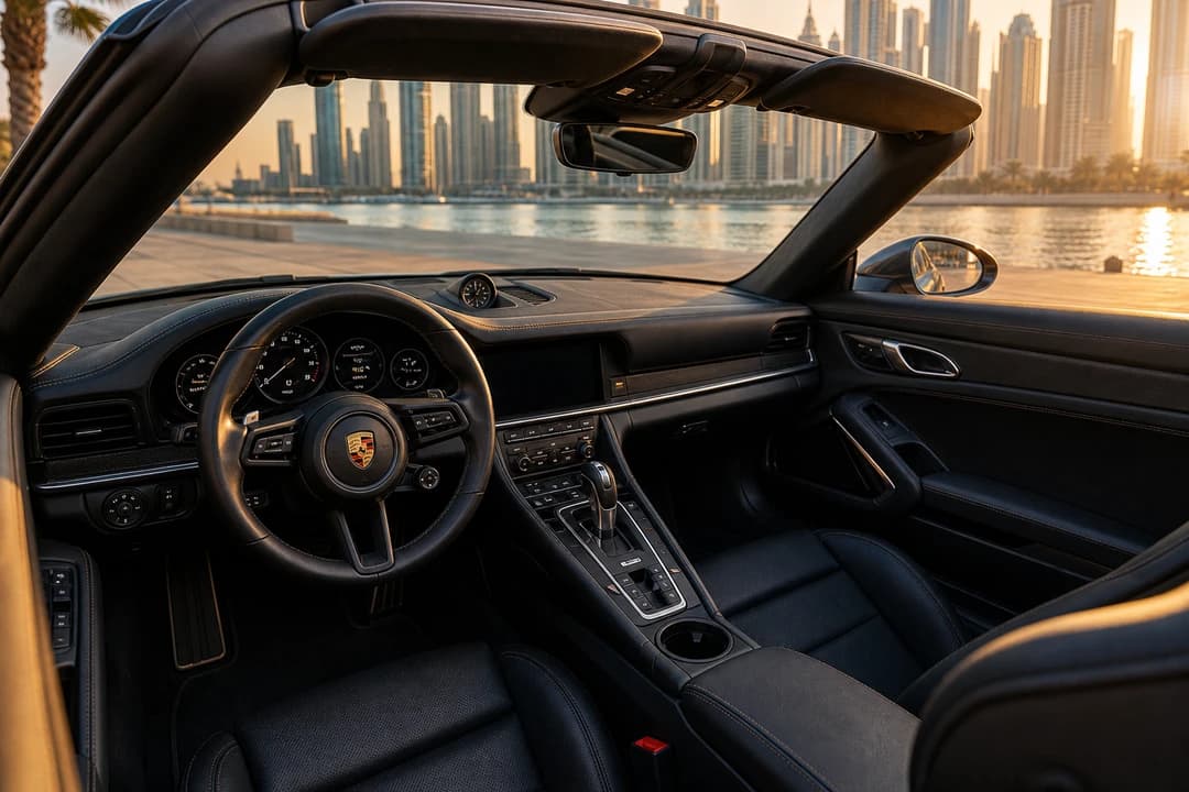 Porsche 911 Carrera Cabriolet cockpit with roof down for Porsche 911 Carrera Cabriolet hire Dubai evenings