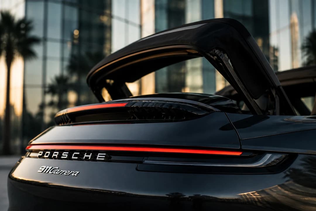 Porsche 911 Carrera Cabriolet rear badge and soft-top detail for open-top 911 identity in Dubai