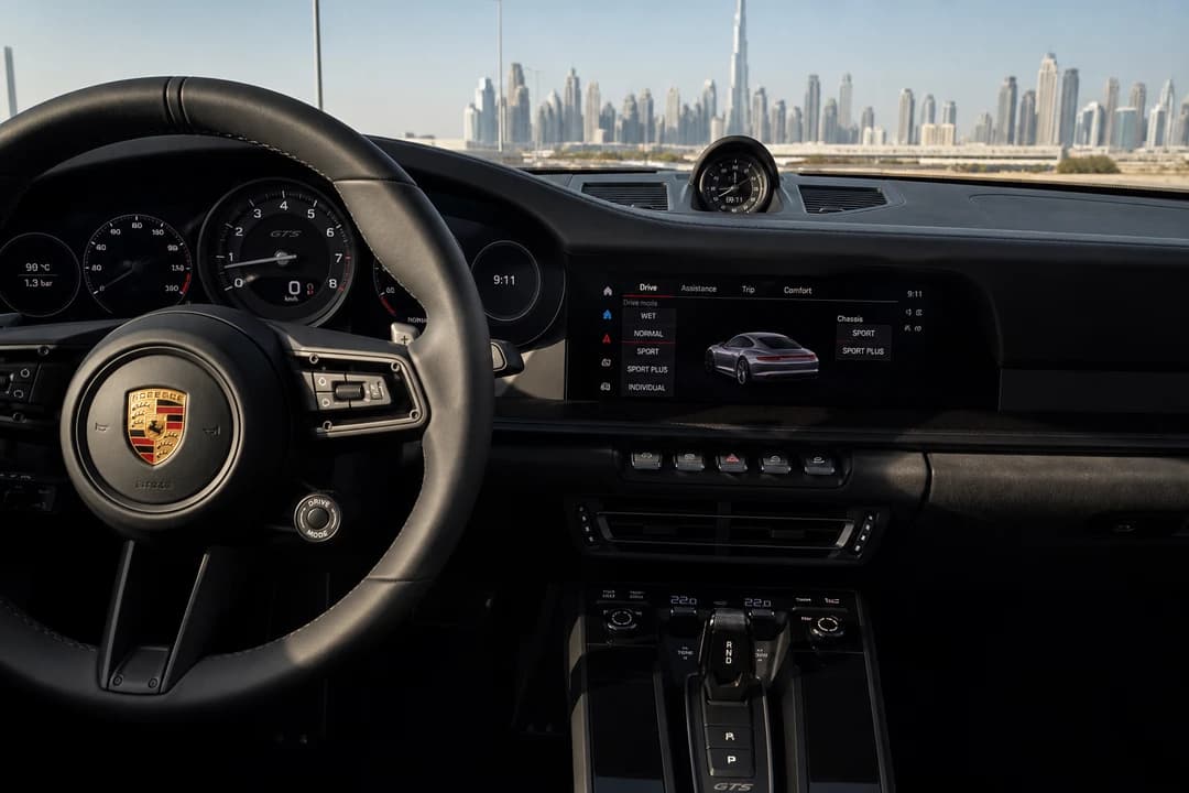Porsche 911 Carrera GTS cockpit with Sport Chrono and digital cluster for Dubai sports-car weekends