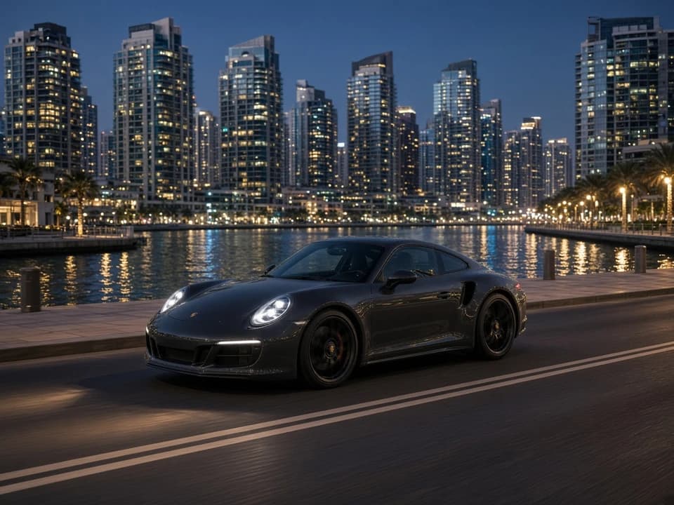 Porsche 911 Carrera GTS on Dubai Marina waterfront for exotic car rental Dubai evening loops