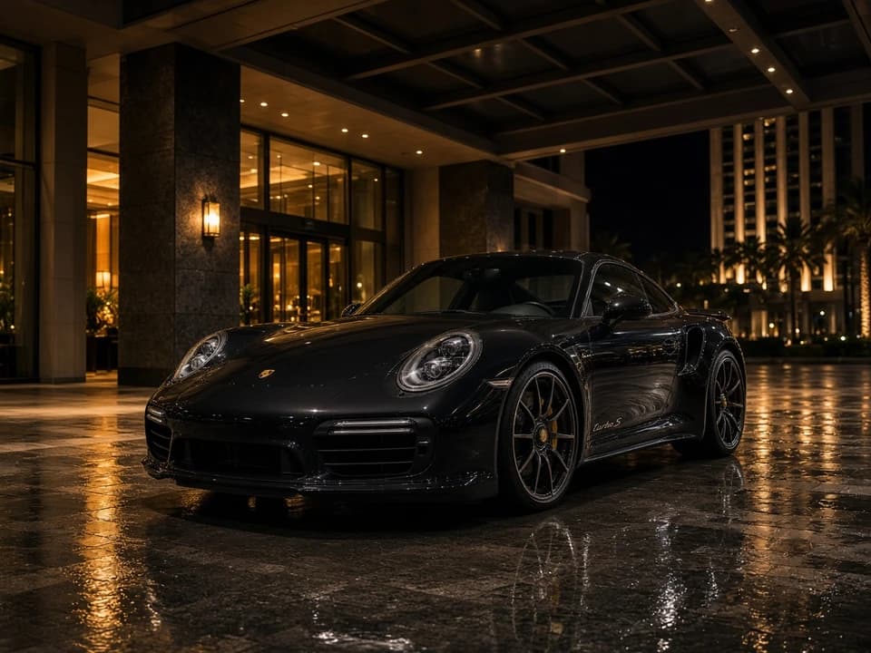 Porsche 911 Turbo S rental Dubai at a Downtown hotel porte-cochère with wide-body presence