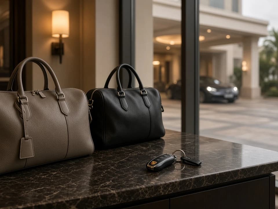 Soft overnight bags and Porsche keys before choosing GTS or Turbo S for luxury car rental Dubai