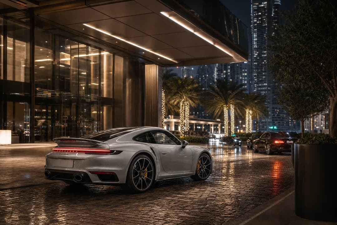Porsche 911 Turbo S at Downtown Dubai hotel forecourt at night for everyday supercar arrivals